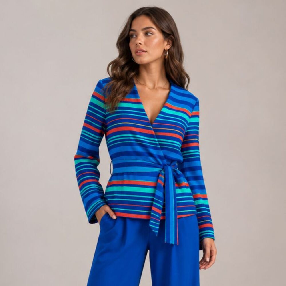 Lily & Taylor NY Blue Striped Wrap Blazer Jacket Women 12 Colorful Church Career